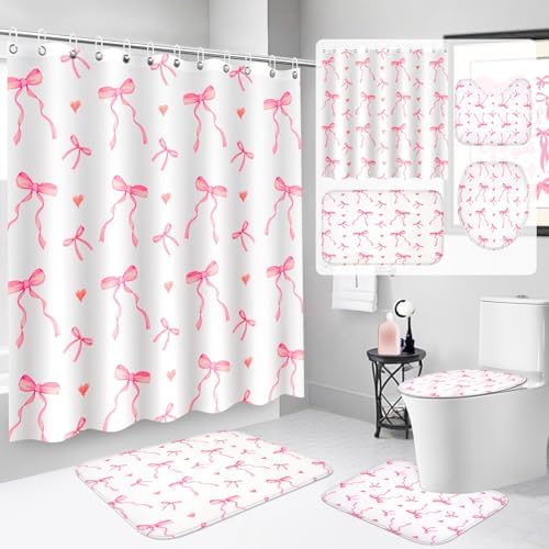 4Pcs Pink Bow Shower Curtain Set with 12 Hooks