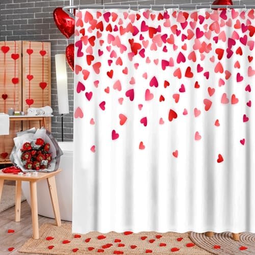 Stylish Valentines Day Shower Curtain with Falling Red Hearts for Your Bathroom
