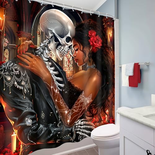 Valentines Day African American Goth Skeletonshower Curtain for Women Romantic Black