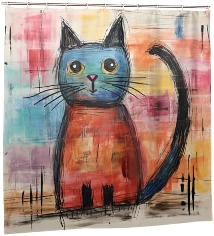 Cute Cat Shower Curtain Set Abstract Boho Design