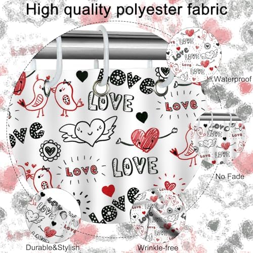 Mocsicka Valentines Shower Curtain Doodle Style Heart and Kiss Birds