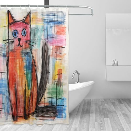 DAOWANGZUO Cute Cat Boho Drawing Shower Curtain Set