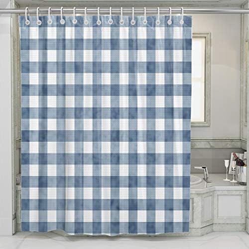 WEINIYA 72x72 Inch Blue Gingham Shower Curtain with 12 Hooks 1