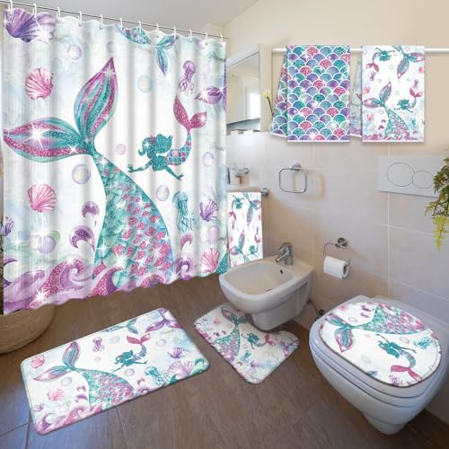 Nuanchu 6 Piece Mermaid Bathroom Set with Mat and Towels