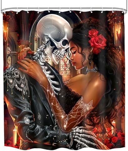 Valentines Day African American Goth Skeletonshower Curtain for Women Romantic Black