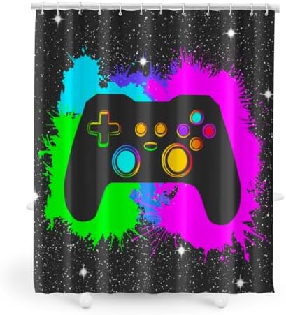 Boys Gaming Shower Curtain Set Graffiti Gamepad Themed - 12 HooksEasy Install