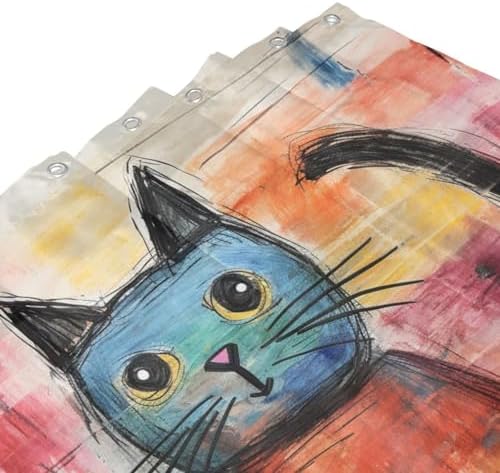 Cute Cat Shower Curtain Set Abstract Boho Design