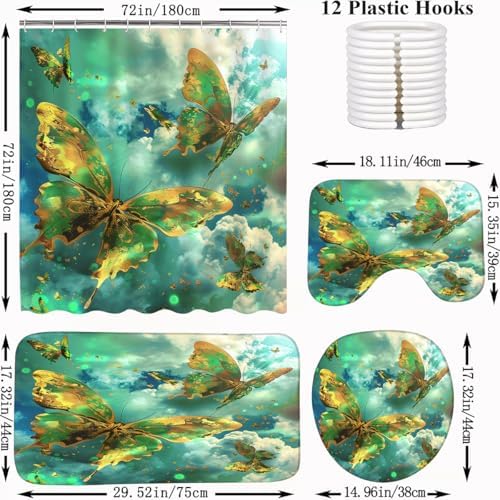 4 PCS Green Butterfly Shower Curtain Sets