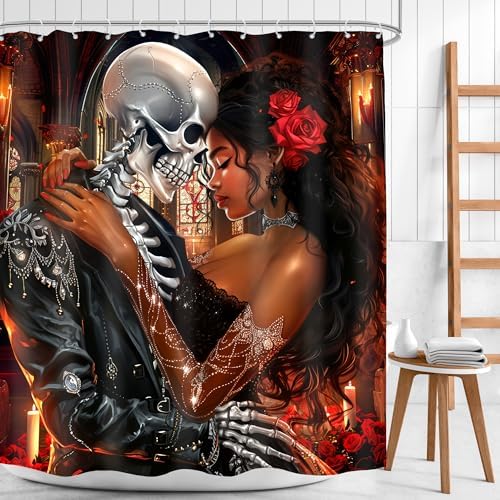 Valentines Day African American Goth Skeletonshower Curtain for Women Romantic Black