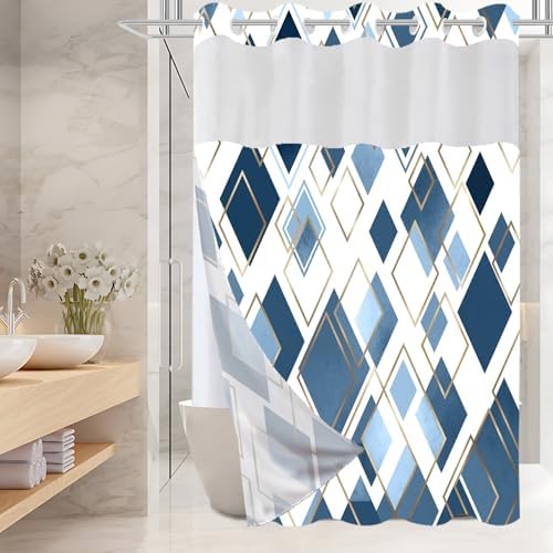 TWLSNCD No Hook Geometric Shower Curtain Set Navy Blue