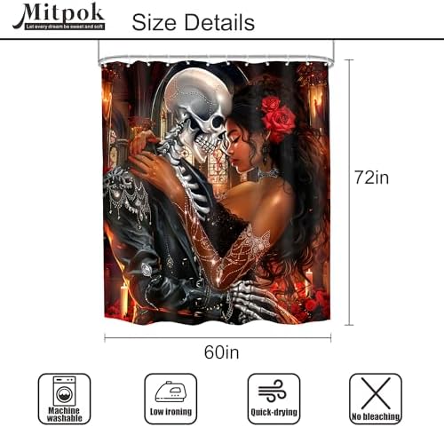 Valentines Day African American Goth Skeletonshower Curtain for Women Romantic Black
