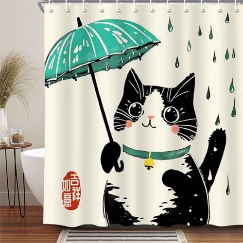 Funny Cat Shower Curtain Japanese Art for Kids Soft Durable