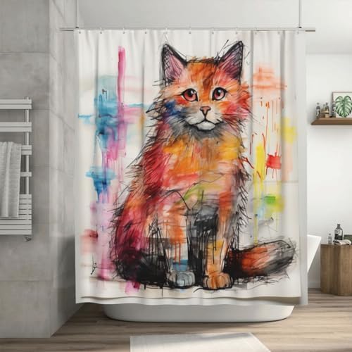 Cute Cat Shower Curtain Set with 12 Hooks 72x72in