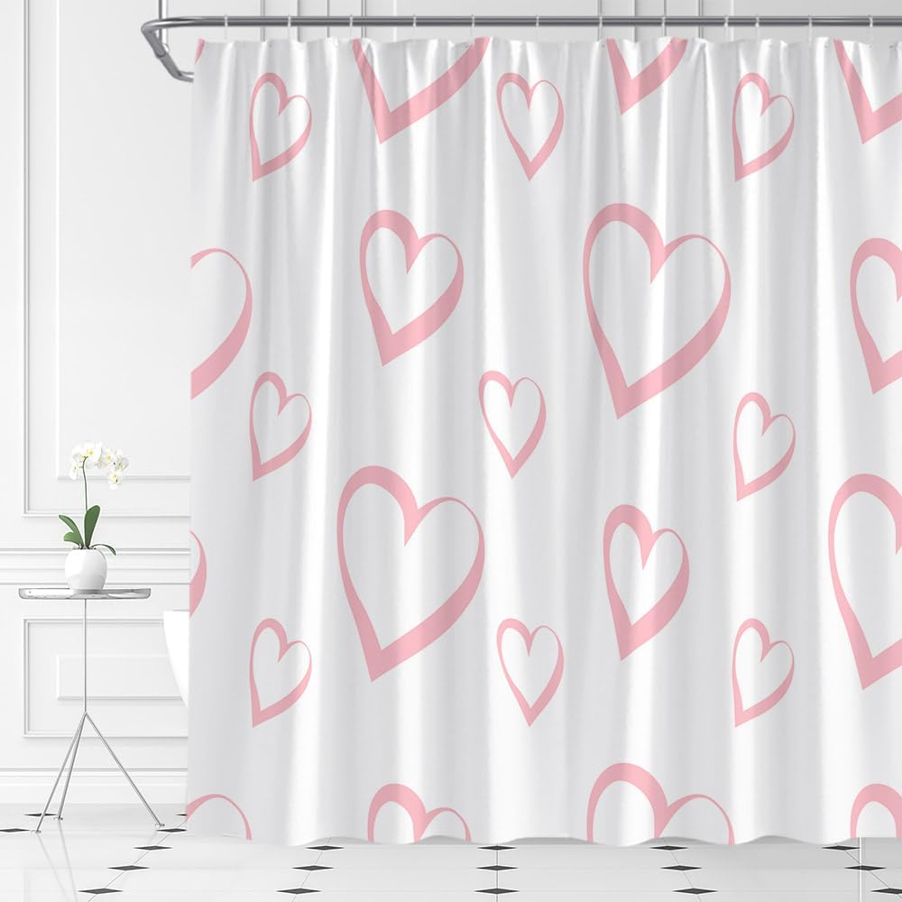 Valentines Day Gift Romantic Bathroom Curtain Set Pink Heart Design