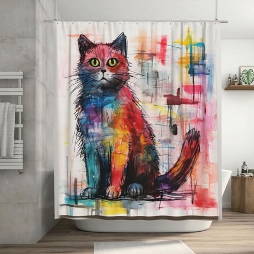 Cute Cat Shower Curtain with 12 Hooks 72x72in