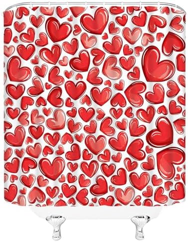 Red Heart Romantic Shower Curtain Set with Hooks for Valentines Day