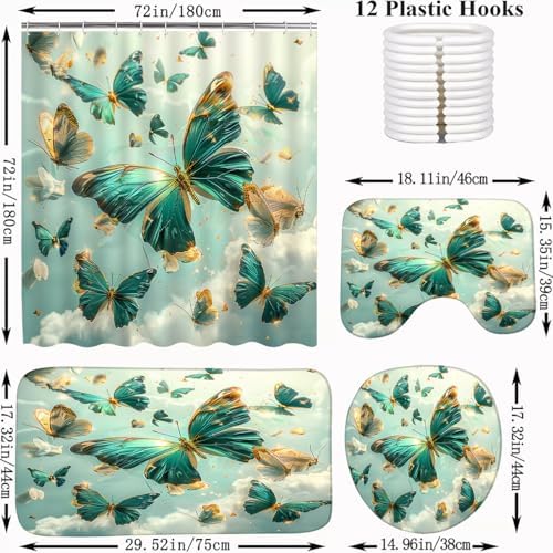 AlexEx 4-Piece Green Butterfly Shower Curtain Set