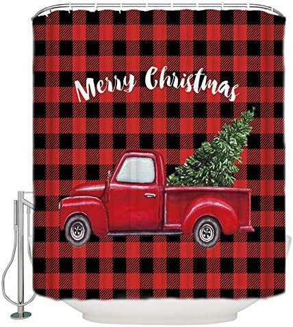 Stunning Christmas Shower Curtain Modern Red Lattice with Heart Tree Waterproof 60x72-Inch