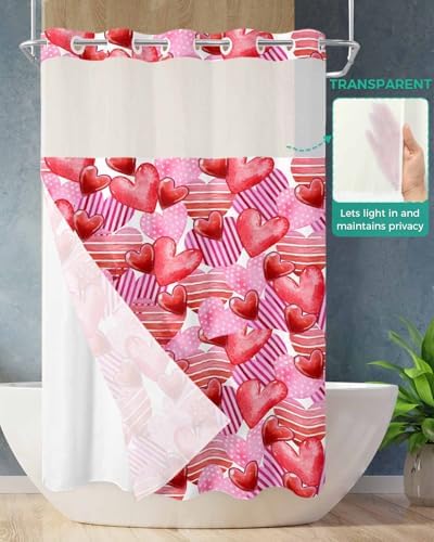 No-Hook Pink Red Valentines Shower Curtain Set
