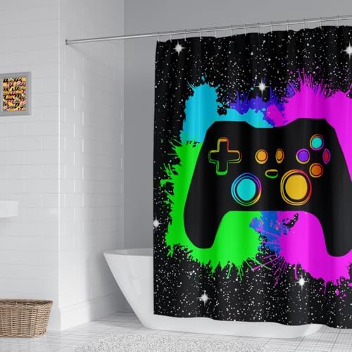 Boys Gaming Shower Curtain Set Graffiti Gamepad Themed - 12 HooksEasy Install