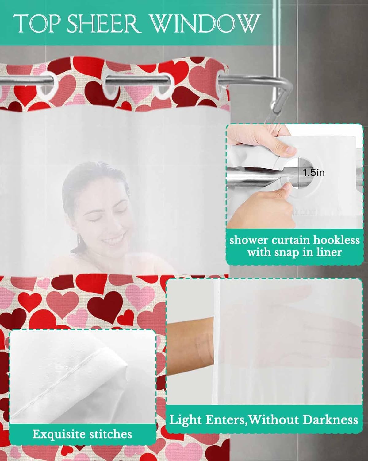Luxury No Hook Shower Curtains - Red Pink Love Heart
