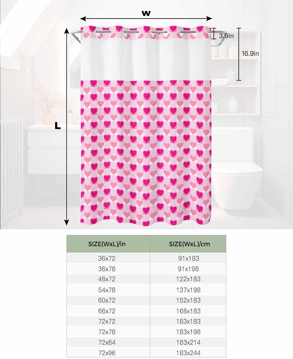 Instant no hook shower curtain set quick dry waterproof with heart design