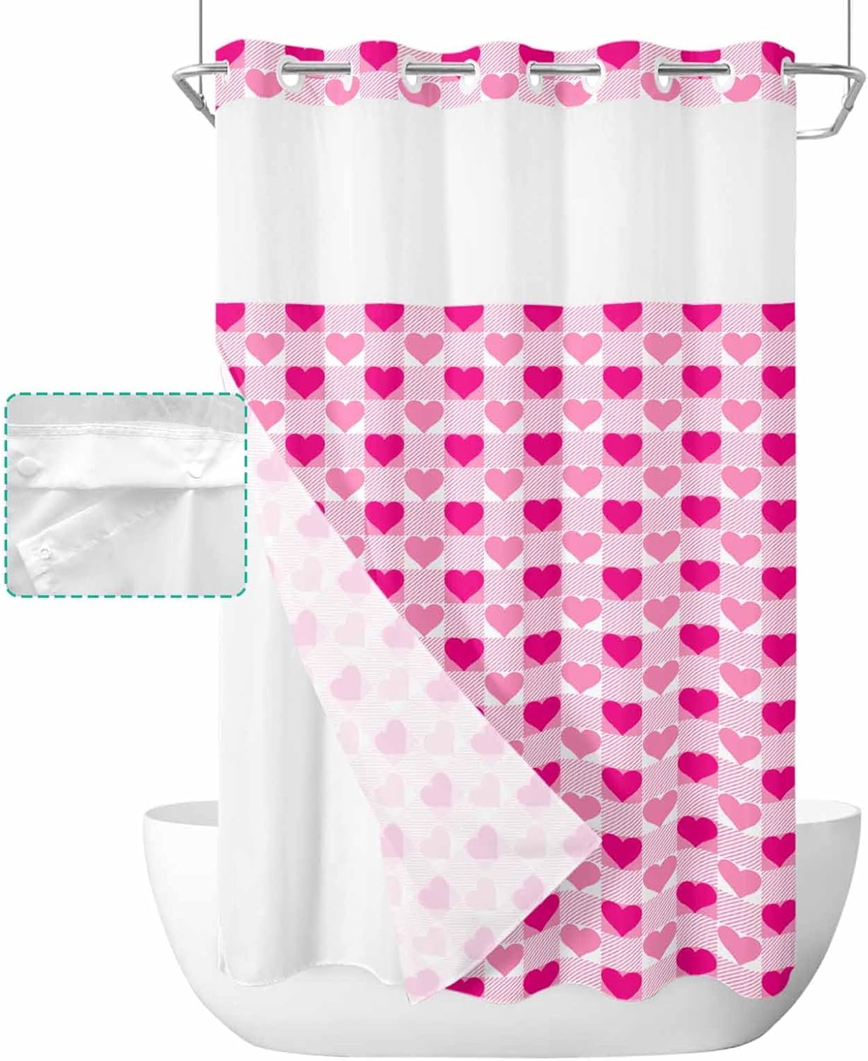 No-Hook Shower Curtain Set with Liner Valentine Pink Heart Design waterproof elegant