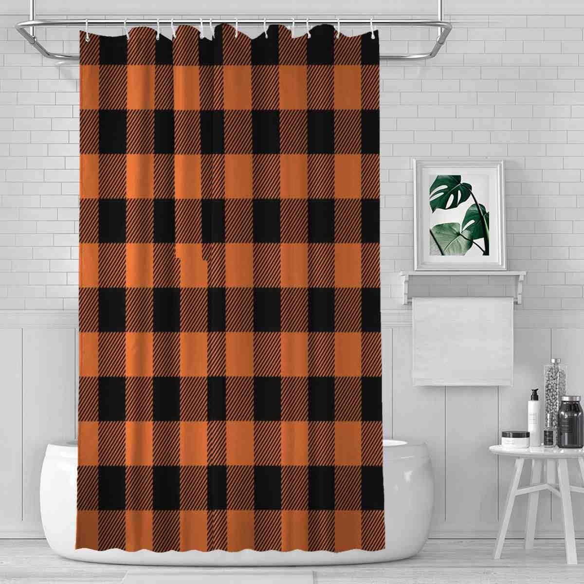 VISALUNA Shower Curtain Set 72x72in Orange Black Buffalo Plaid
