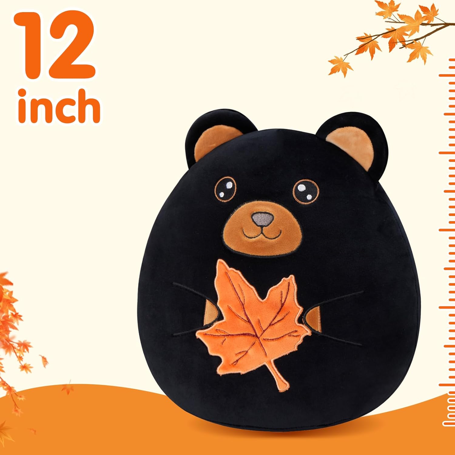 Wewill 12-Inch Black Bear Plush Pillow Cute Bear Holding Maple Leaf