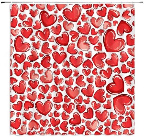 Red Heart Romantic Shower Curtain Set with Hooks for Valentines Day