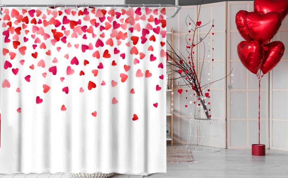 Stylish Valentines Day Shower Curtain with Falling Red Hearts for Your Bathroom