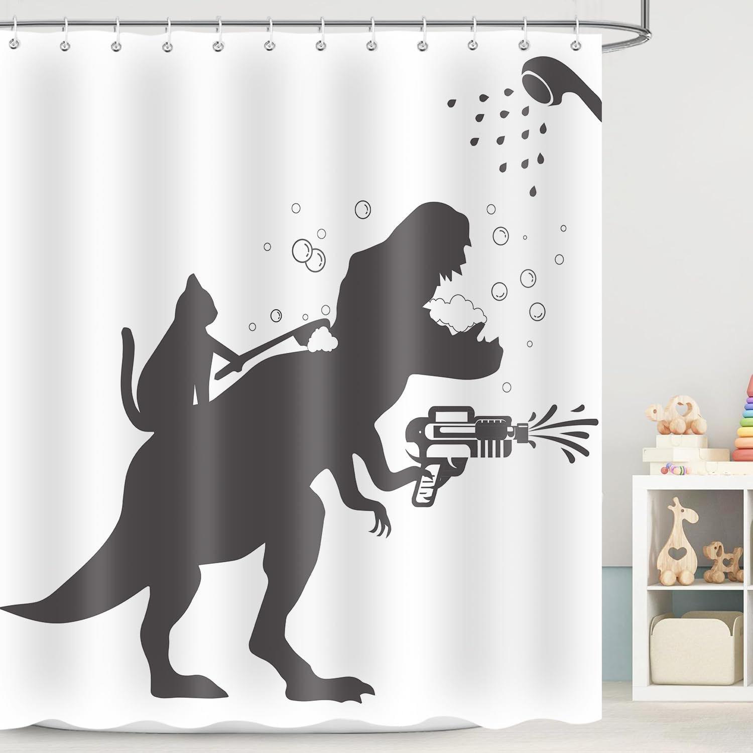 Funny Cat Dinosaur Shower curtain waterproof kids entertainment machine washable