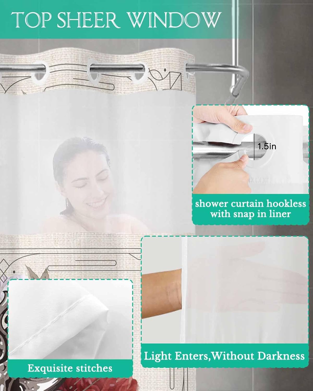 No Hook Botanical Heart Shower Curtain Set 54x78