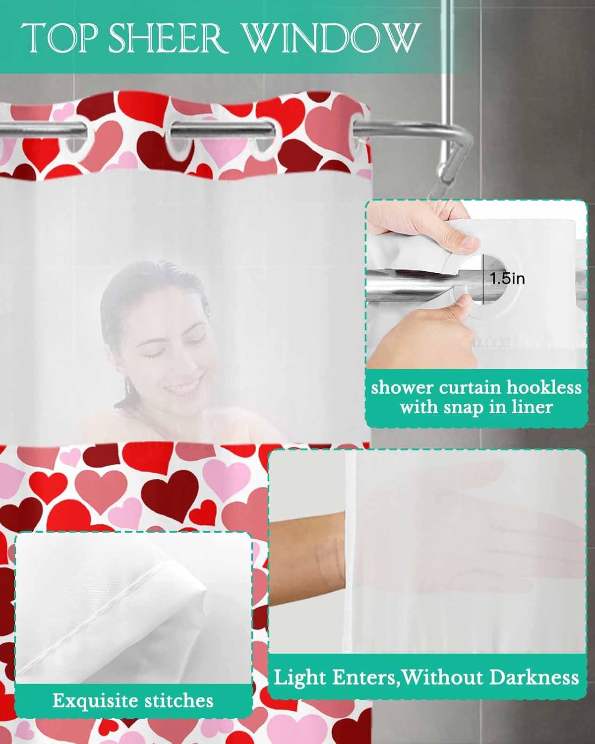 Luxury No-Hook Shower curtains for Valentines Day