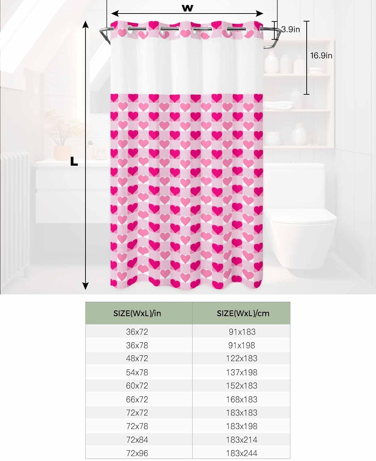 No-Hook Shower Curtain Set with Liner Valentine Pink Heart Design waterproof elegant