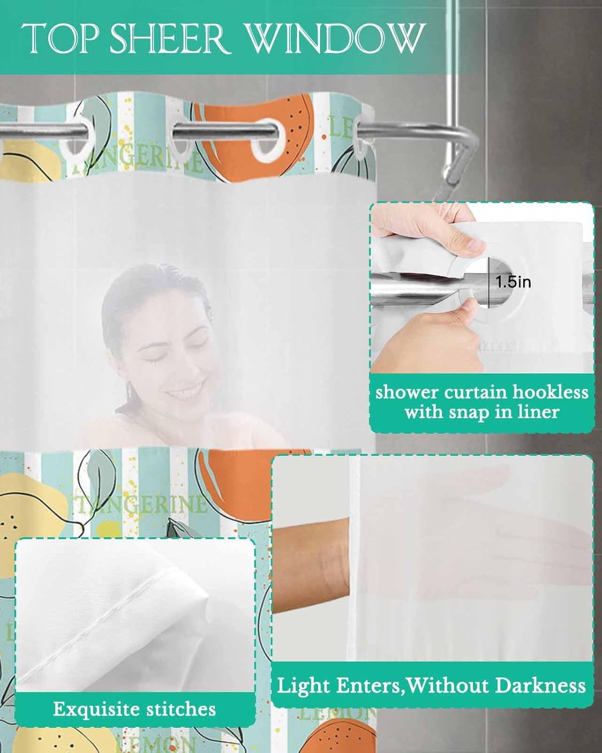 No Hook Shower Curtain with Snap in Liner Set