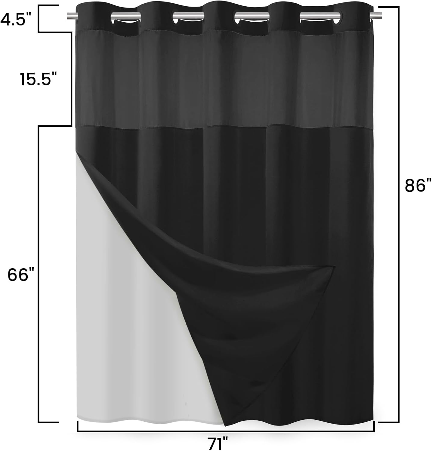 No Hook Slub Textured Shower Curtain Set - Black Outer Waterproof Inner 71x86 in