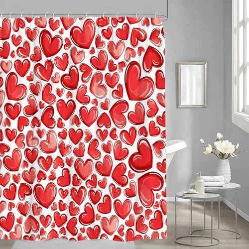 Red Heart Romantic Shower Curtain Set with Hooks for Valentines Day
