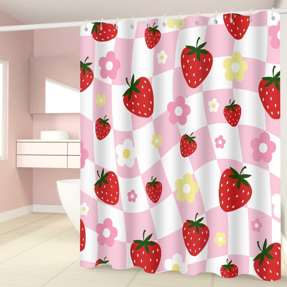 Strawberry Shower Curtain Retro Girly Design for Bathroom Decor