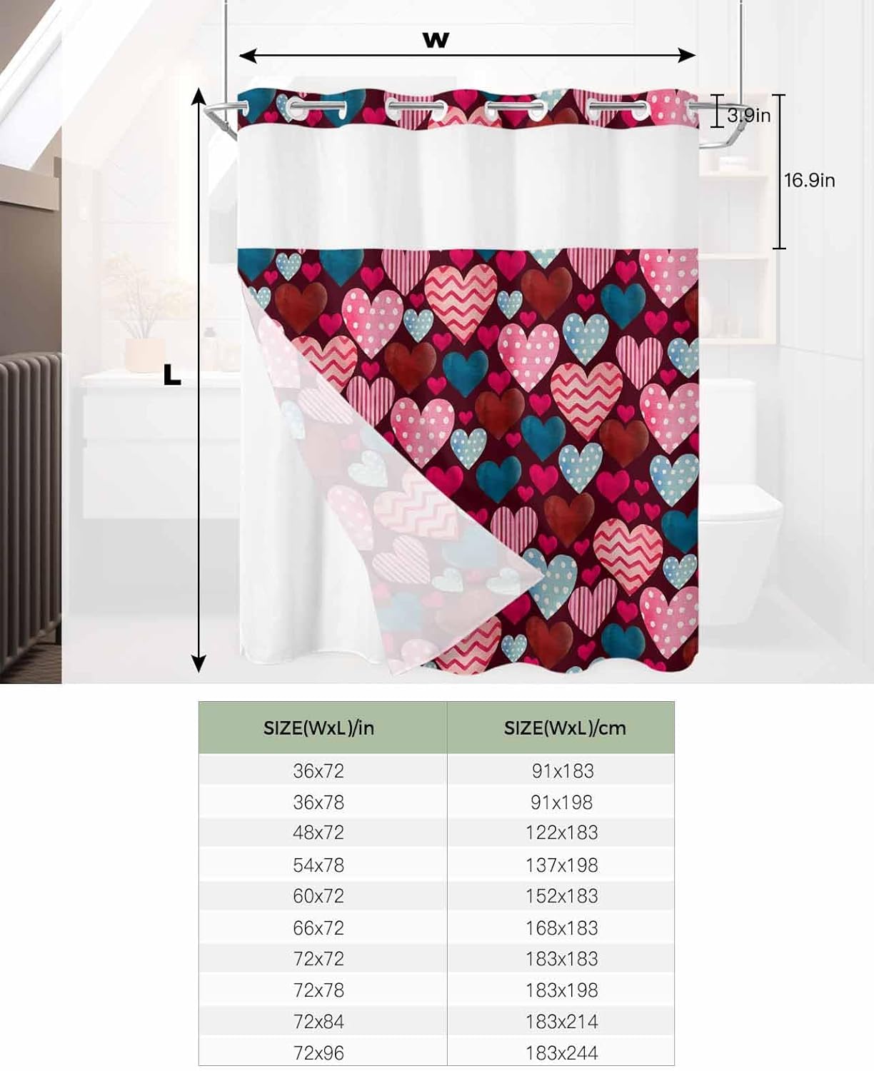 Anzona No Hook Shower Curtains Heart and Love Design