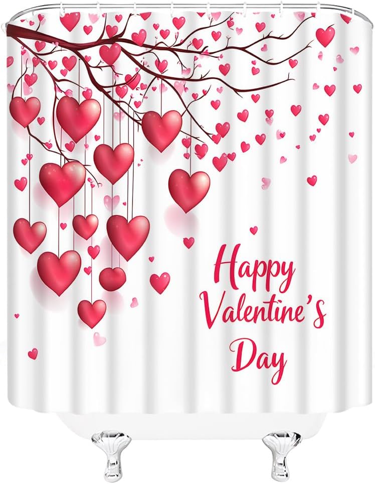 Bathroom Valentines Day Shower Curtain Pink Heart 70x70 Red