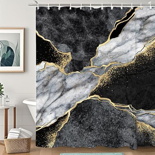 Black Gold Marble Shower Curtain Set with Hooks 72x72 Inch 1
