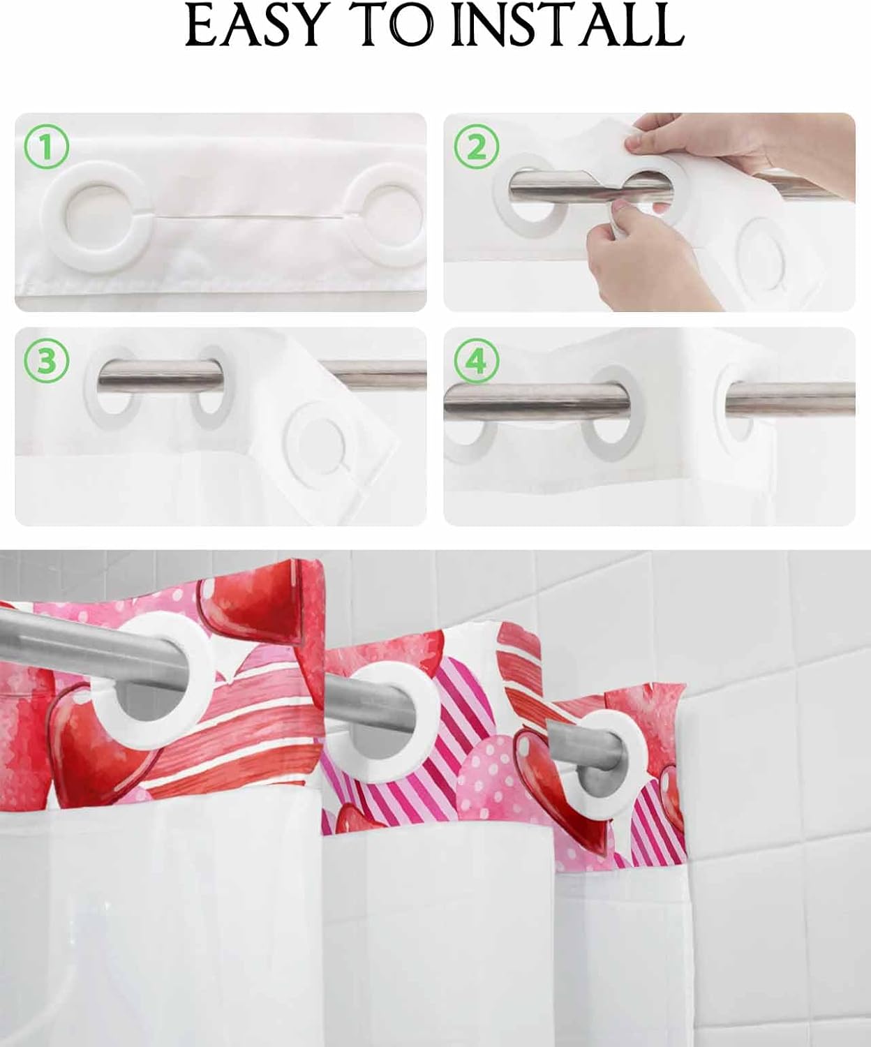 No-Hook Pink Red Valentines Shower Curtain Set