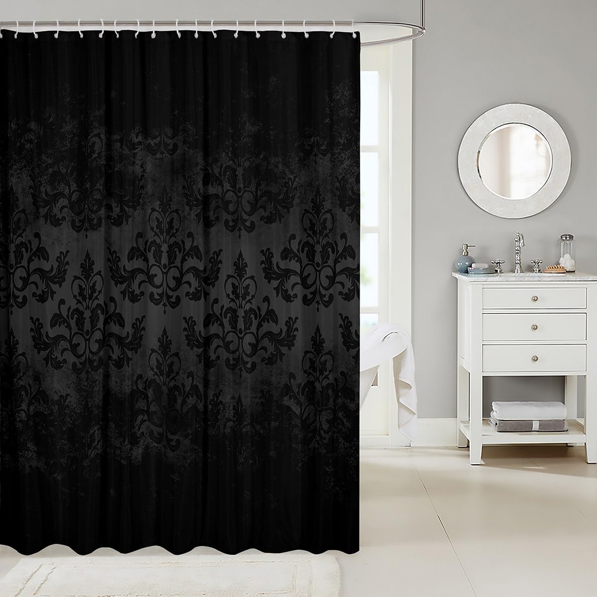 Feelyou Jacquard Bath Curtain Black Damask for Kids Boys Girls Teens Set