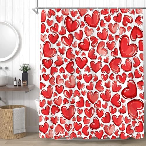 Red Heart Romantic Shower Curtain Set with Hooks for Valentines Day