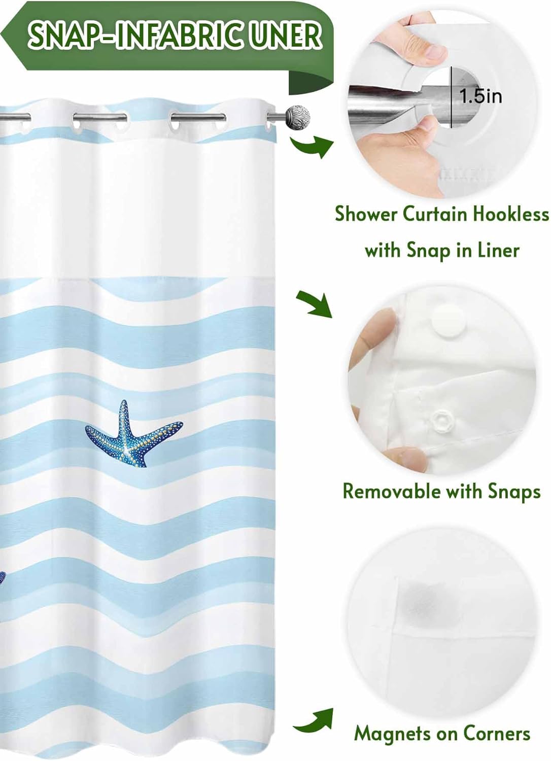 No Hooks Nautical Blue Shower Curtain Set