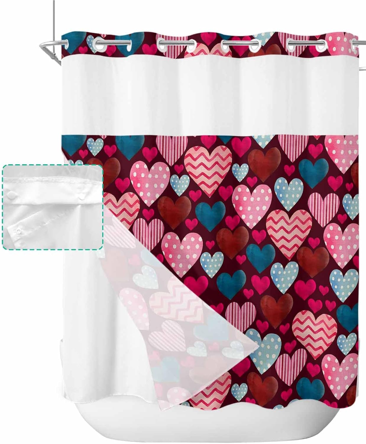 Anzona No Hook Shower Curtains Heart and Love Design