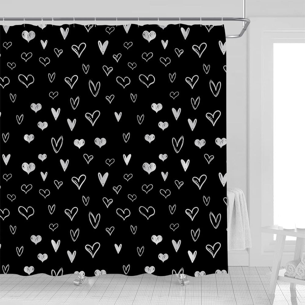Black White Heart Shower Curtain