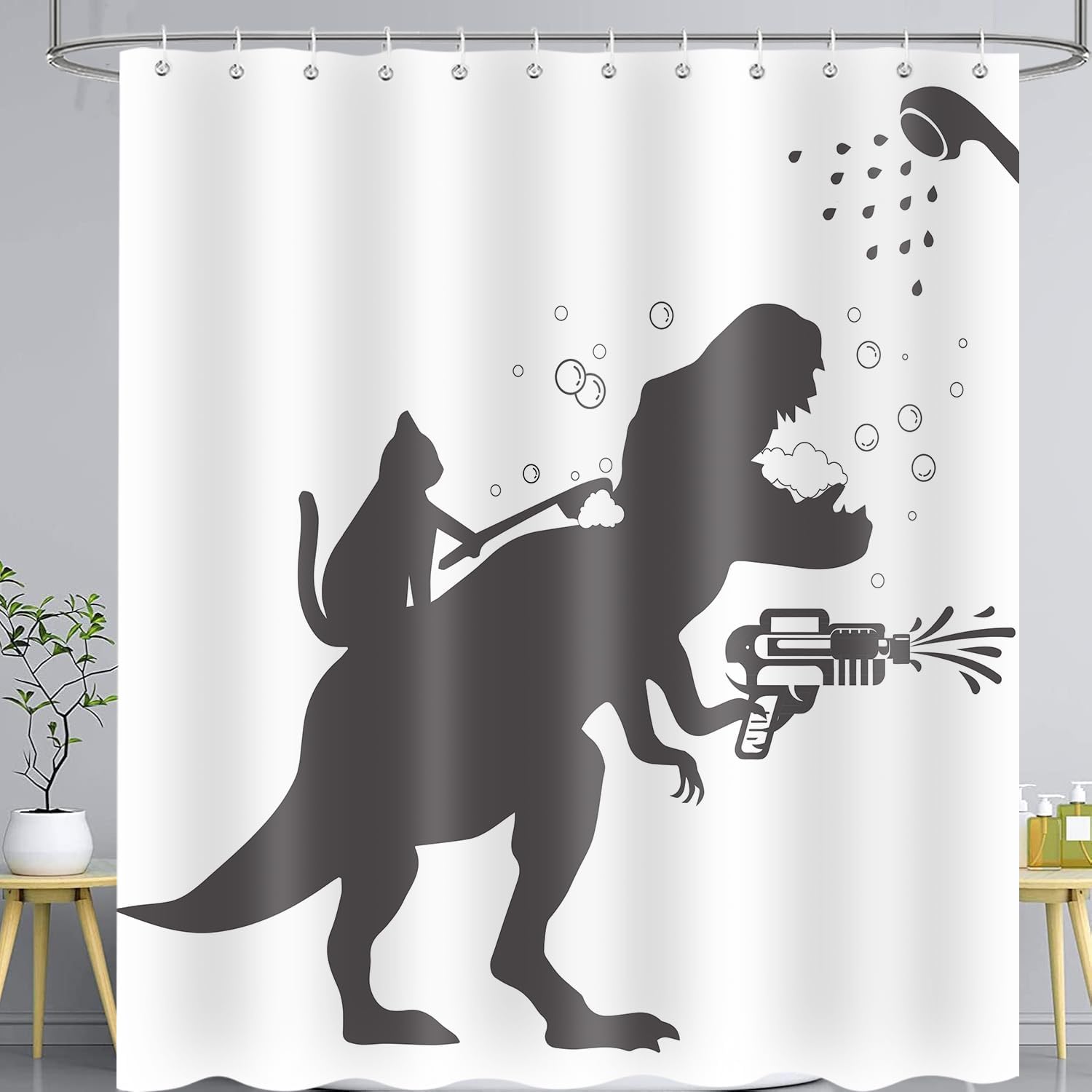 Funny Cat Dinosaur Shower curtain waterproof kids entertainment machine washable