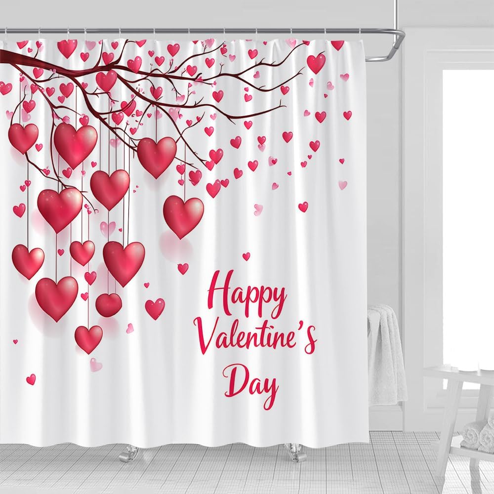 Bathroom Valentines Day Shower Curtain Pink Heart 70x70 Red